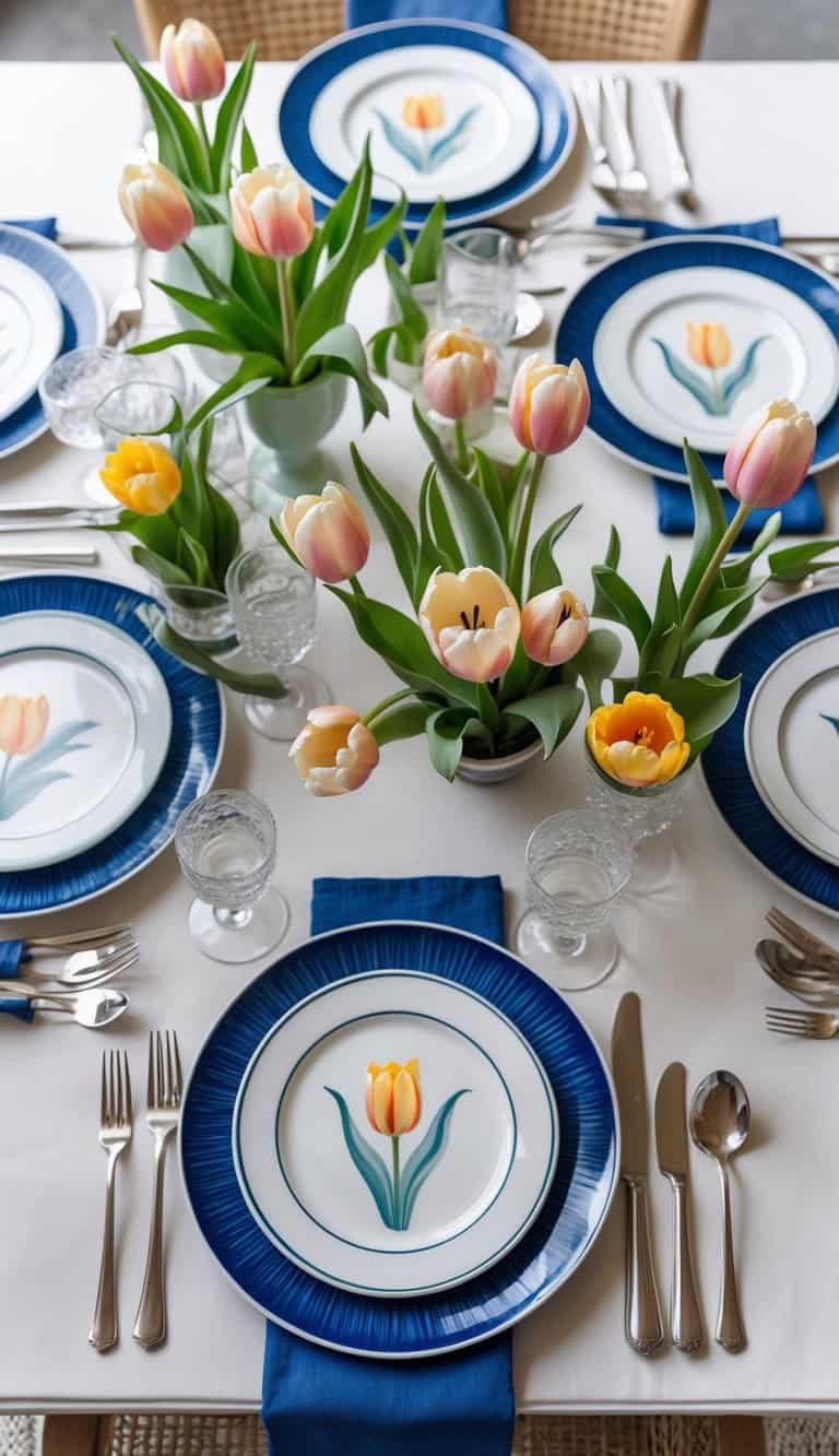 A dining table set with blue dinner plates featuring white trim, surrounded by fresh tulip flowers and elegant tableware.
