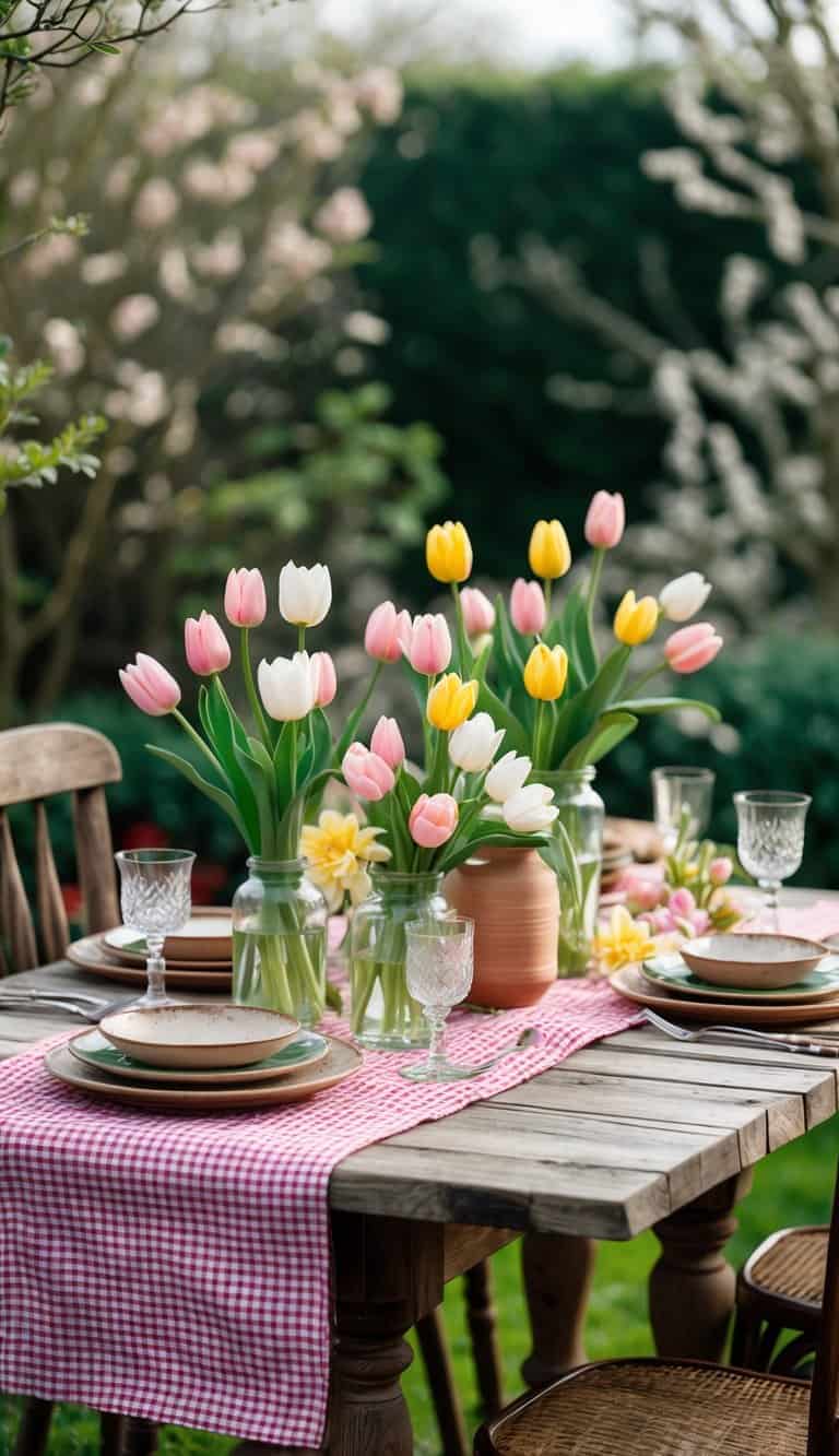 A wooden table set outdoors with a red and white checkered cloth, fresh tulip flowers in glass vases, plates, cutlery, and glasses, surrounded by green garden plants.