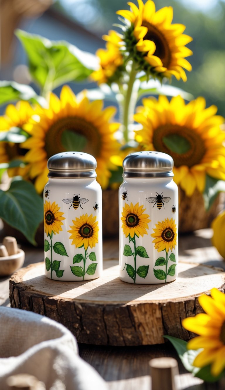 A pair of sunflower and bee-themed salt and pepper shakers on a wooden table surrounded by sunflowers and green leaves.