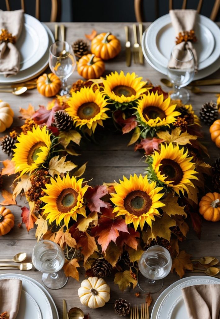 A dining table set with white plates, gold cutlery, beige napkins, and a centerpiece wreath of sunflowers, autumn leaves, pinecones, and mini pumpkins.