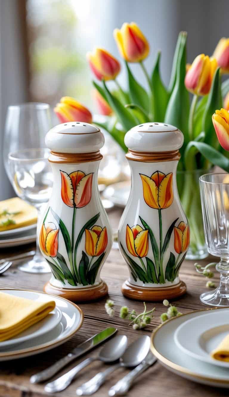Pair of hand-painted tulip-shaped ceramic salt and pepper shakers on a wooden dining table with fresh tulip flowers and tableware.