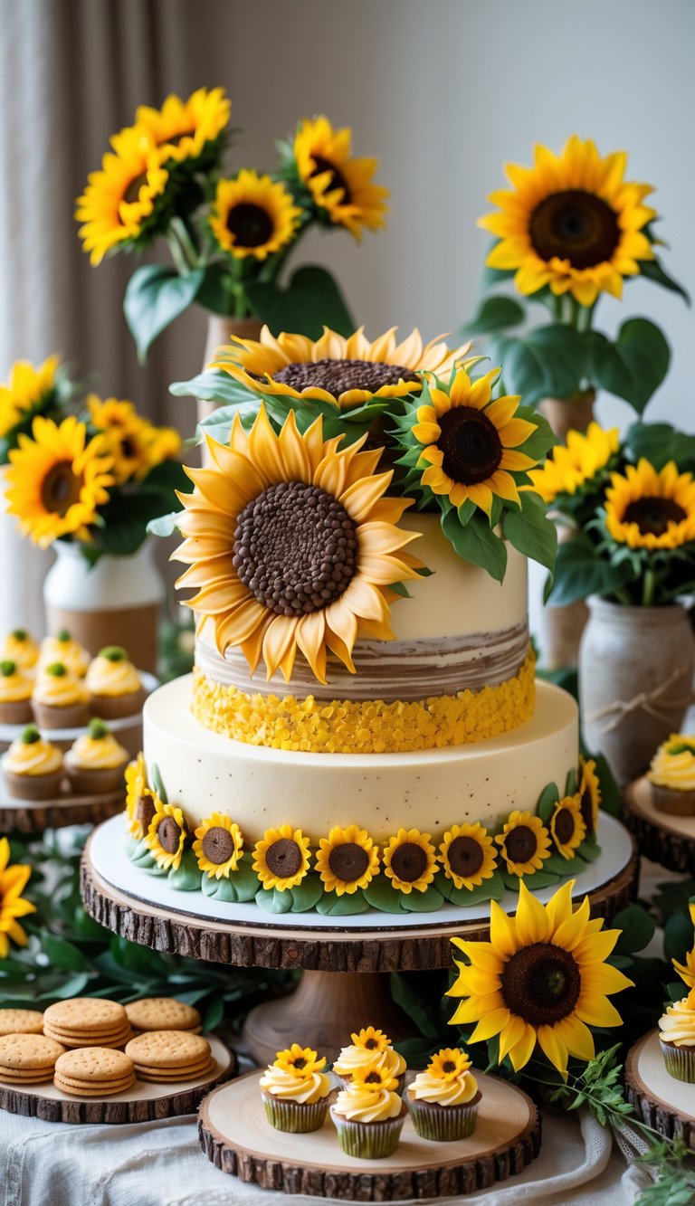 A dessert table featuring a large sunflower-themed cake surrounded by sunflower cupcakes, cookies, fresh sunflowers, and rustic decorations.