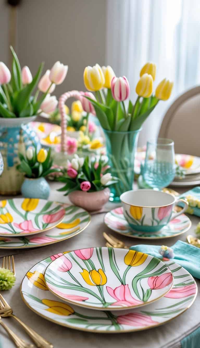 A table set for Easter brunch with dessert plates decorated with tulip patterns and fresh tulip flowers in vases.