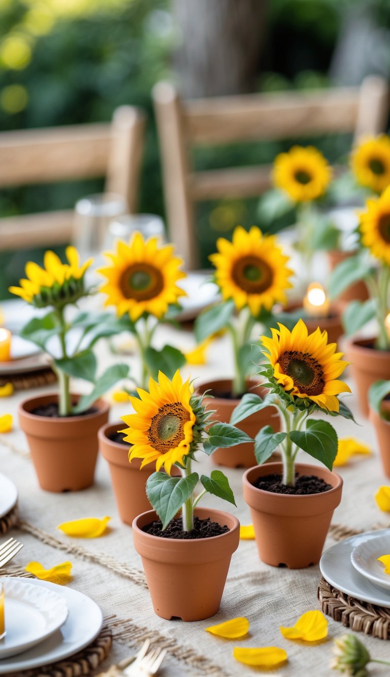 A table decorated with small pots holding blooming sunflowers, set with plates and candles in an outdoor garden setting.