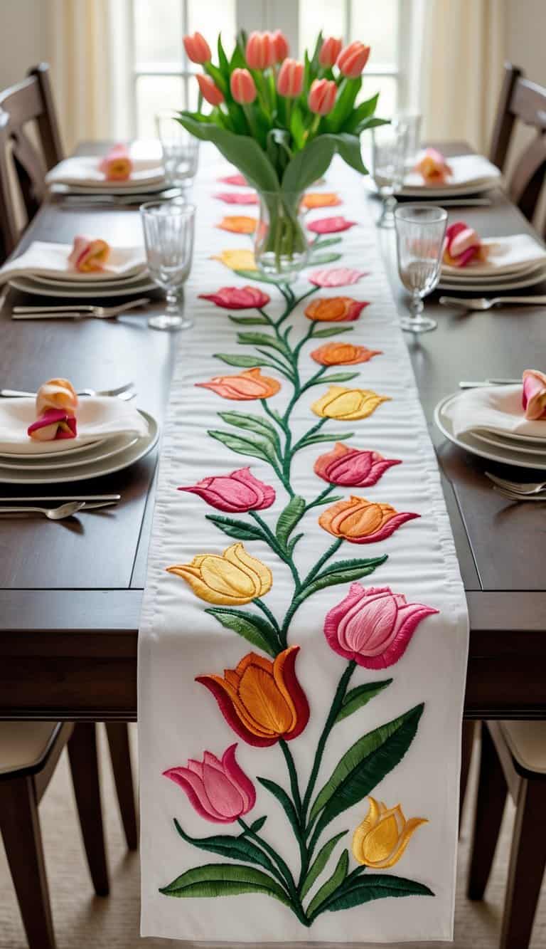 Dining table set with multiple embroidered table runners featuring colorful tulip designs and matching tableware.
