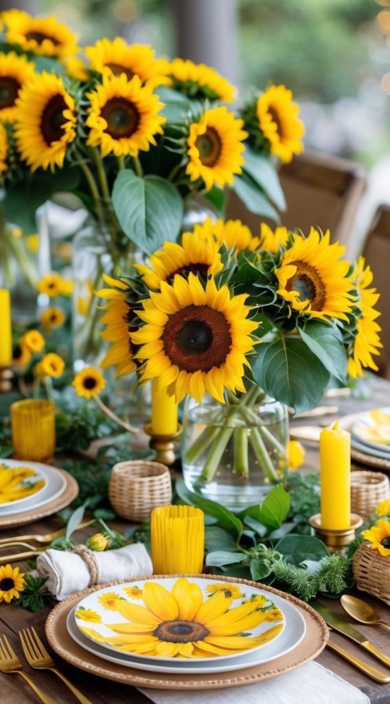 A wooden table set for a meal features sunflower-themed plates, yellow candles, gold cutlery, and vases filled with bright sunflowers.