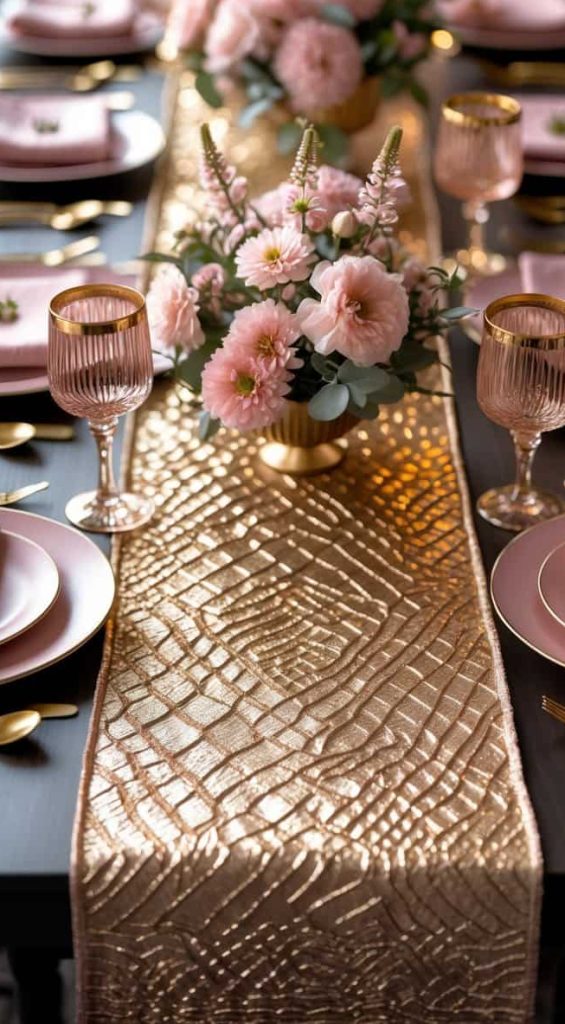 A dining table set with pink plates, gold cutlery, pink glasses, and pink floral centerpieces on a gold textured table runner.