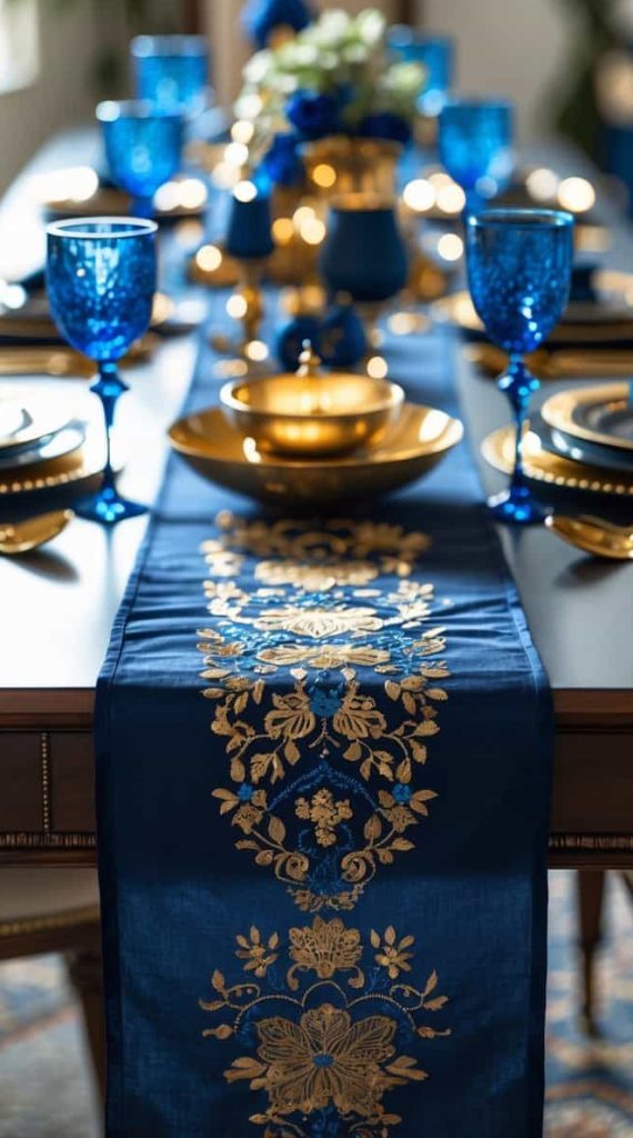 A dining table set with gold plates and blue goblets, featuring a blue table runner with gold floral embroidery, and a floral centerpiece in the background.