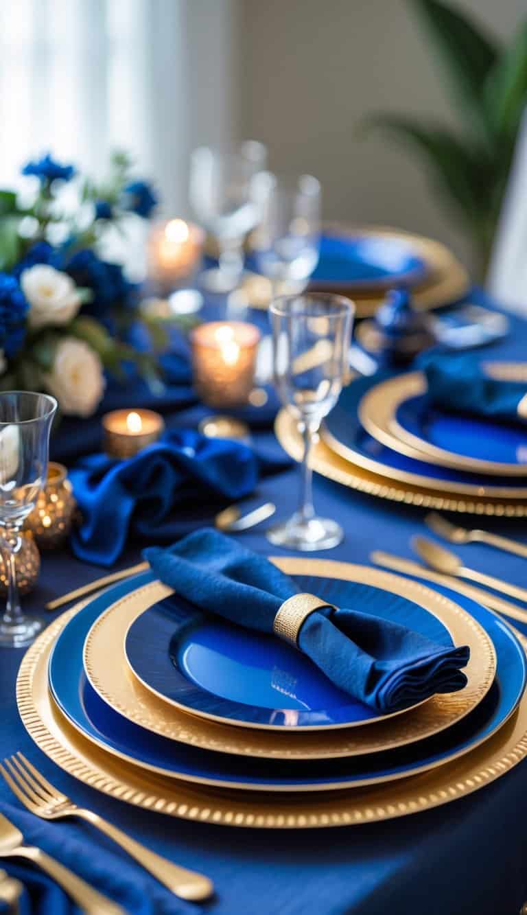 A dining table set with gold charger plates and cobalt blue dinnerware, decorated with matching blue and gold accents.