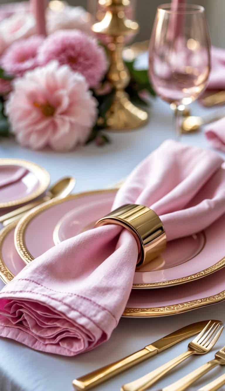 A table set with pink cloth napkins held by gold rings, surrounded by pink and gold tableware and floral decorations.