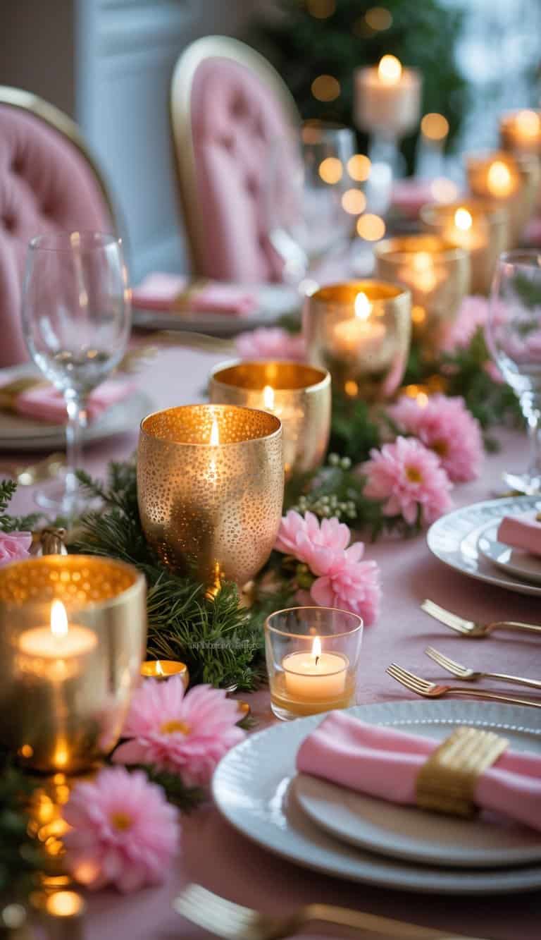 A dining table decorated with gold votive candle holders and pink accents, including flowers and napkins, creating a warm and elegant setting.