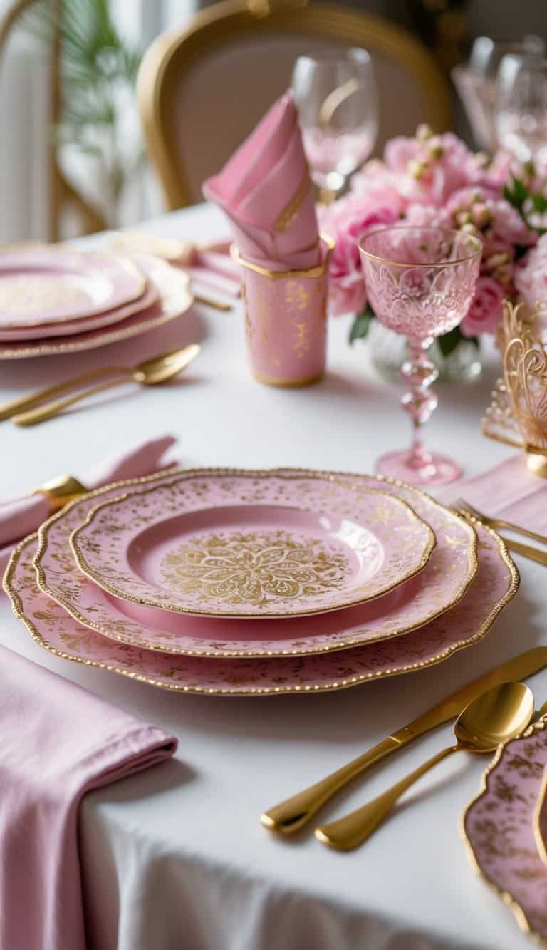 A table set with pink and gold patterned salad plates, gold cutlery, and glassware arranged for a meal.