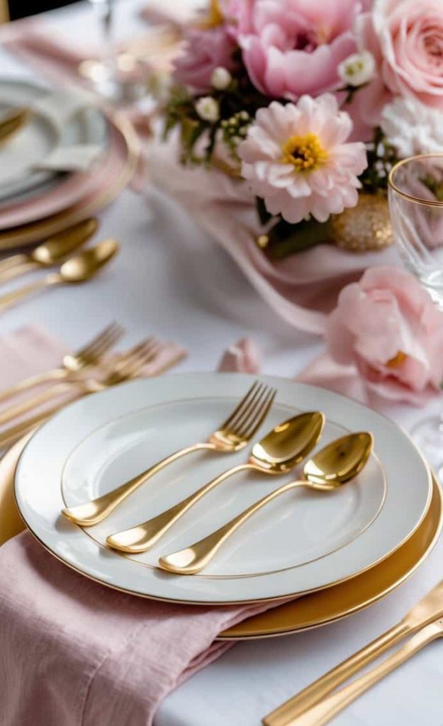 A formal table setting with gold cutlery, white plates with gold rims, pink napkins, and a floral centerpiece featuring pink and white flowers.