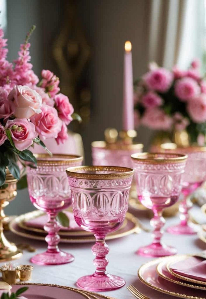 Elegant table setting with pink and gold-rimmed glassware, matching pink plates, gold cutlery, pink napkins, and floral centerpieces featuring pink roses.