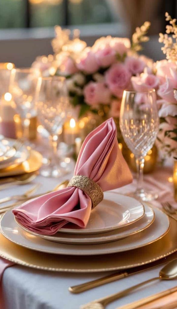 Elegant table setting with a pink napkin in a gold ring on white plates, surrounded by glassware, candles, and a floral centerpiece with pink roses.