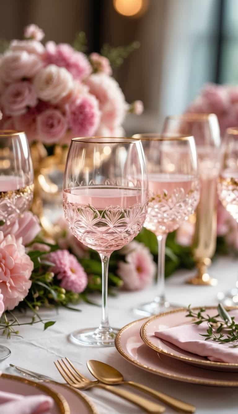 A table set with blush tone wine glasses, pink flowers, and gold plates and cutlery arranged for a formal event.