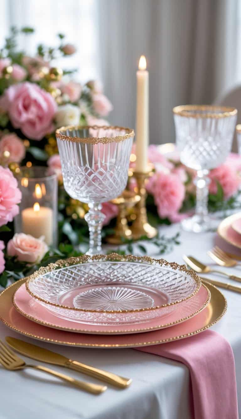 A table set with crystal dessert plates with gold rims surrounded by pink and gold decorations including flowers and candles.