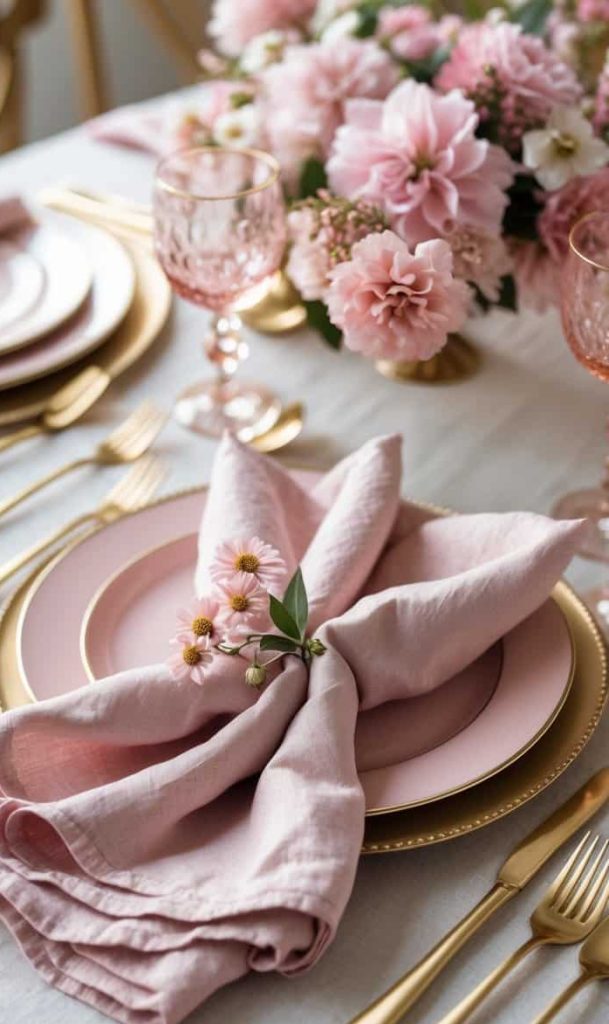 Elegant table setting with pink plates, gold cutlery, pink napkins, and a floral centerpiece featuring pink flowers on a white tablecloth.