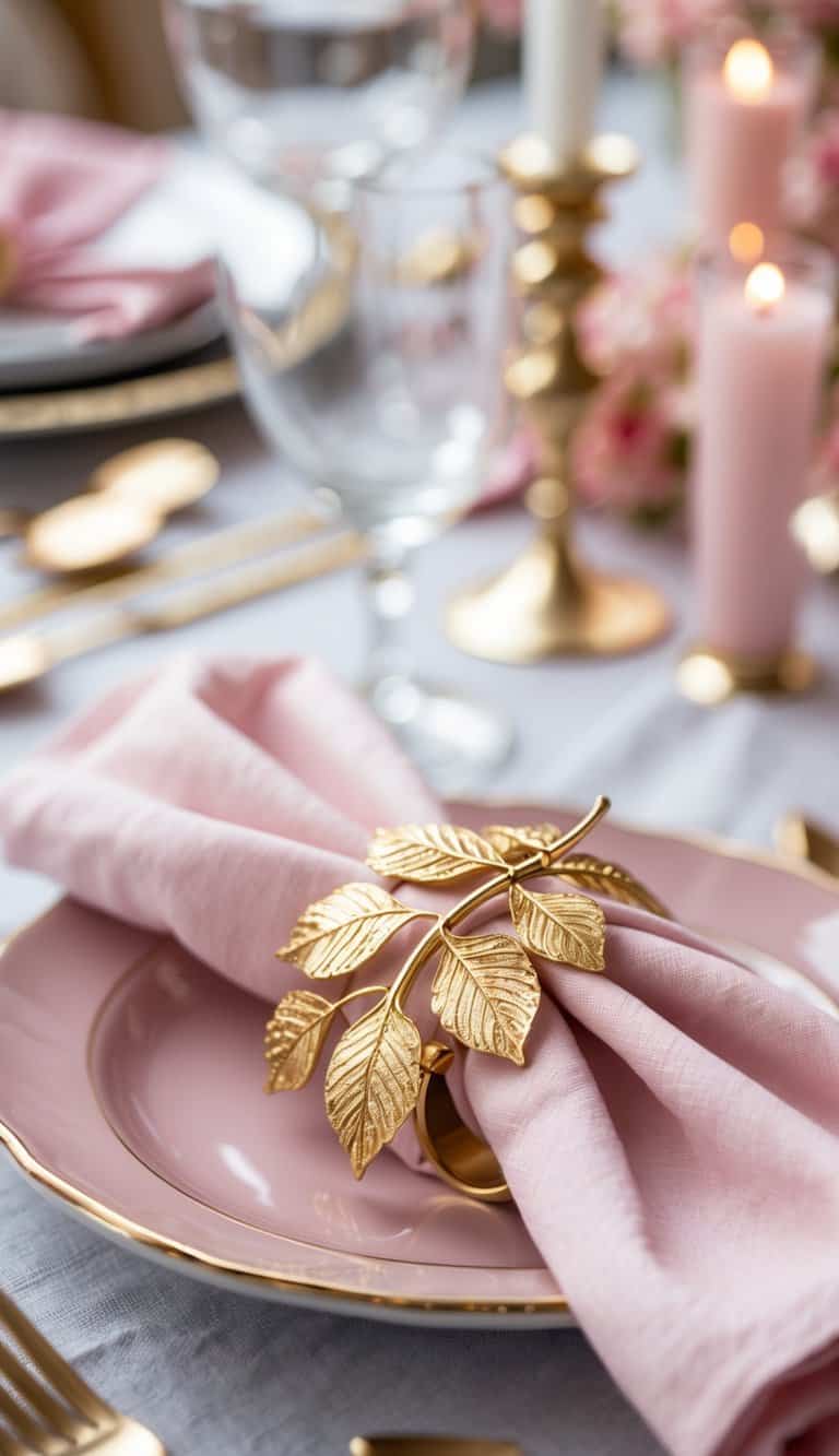A table set with pink napkins held by gold leaf-shaped napkin rings, surrounded by pink and gold tableware.