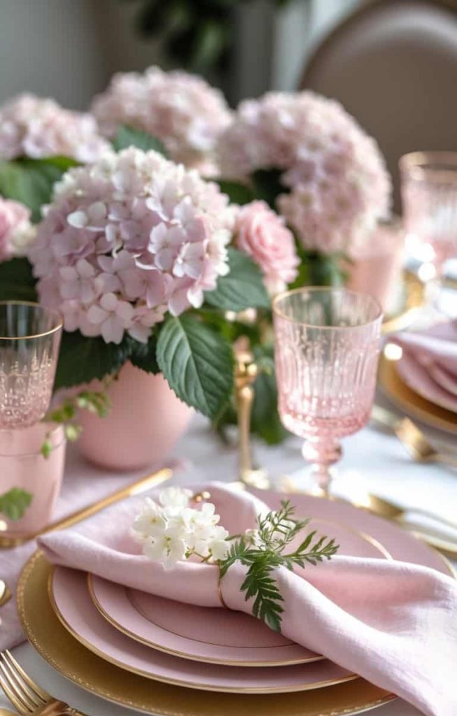 Elegant table setting with pink plates, gold cutlery, pink glassware, and a pink napkin decorated with white flowers; pink hydrangea centerpiece in the background.
