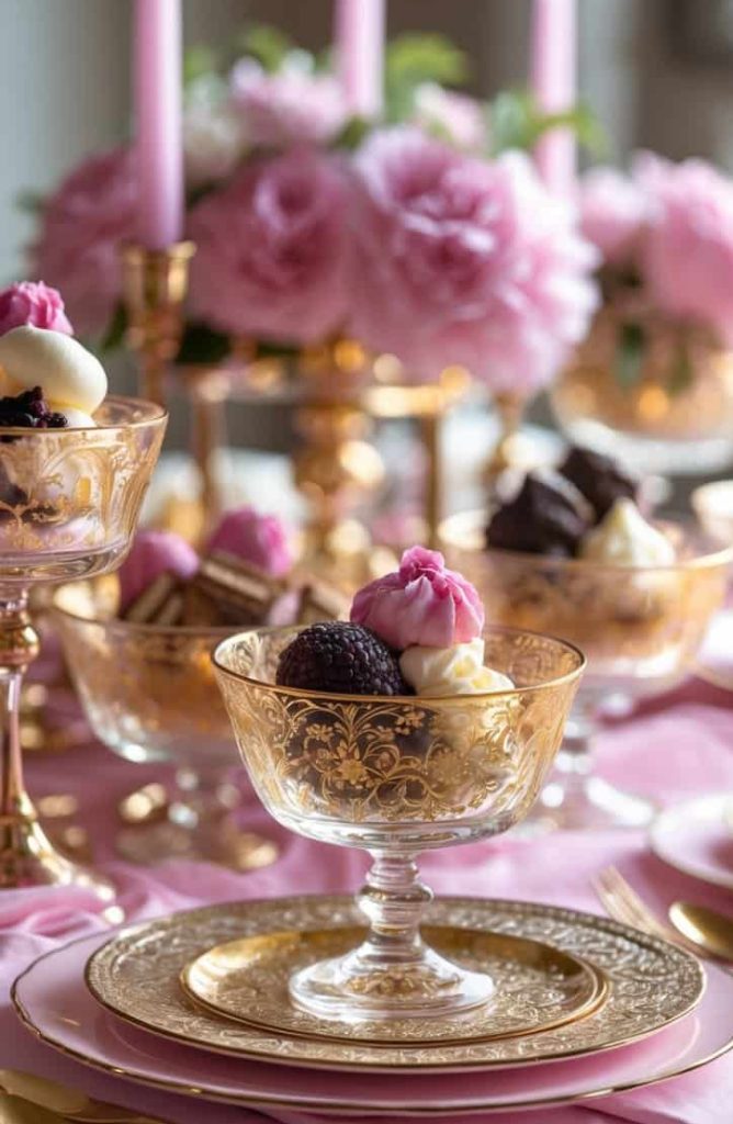 Elegant table setting with gold-rimmed plates, crystal dessert bowls filled with assorted sweets, pink candles, and a bouquet of pink flowers in the background.