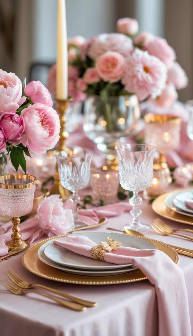A beautifully arranged dining table with pink flowers, gold flatware, and glassware.