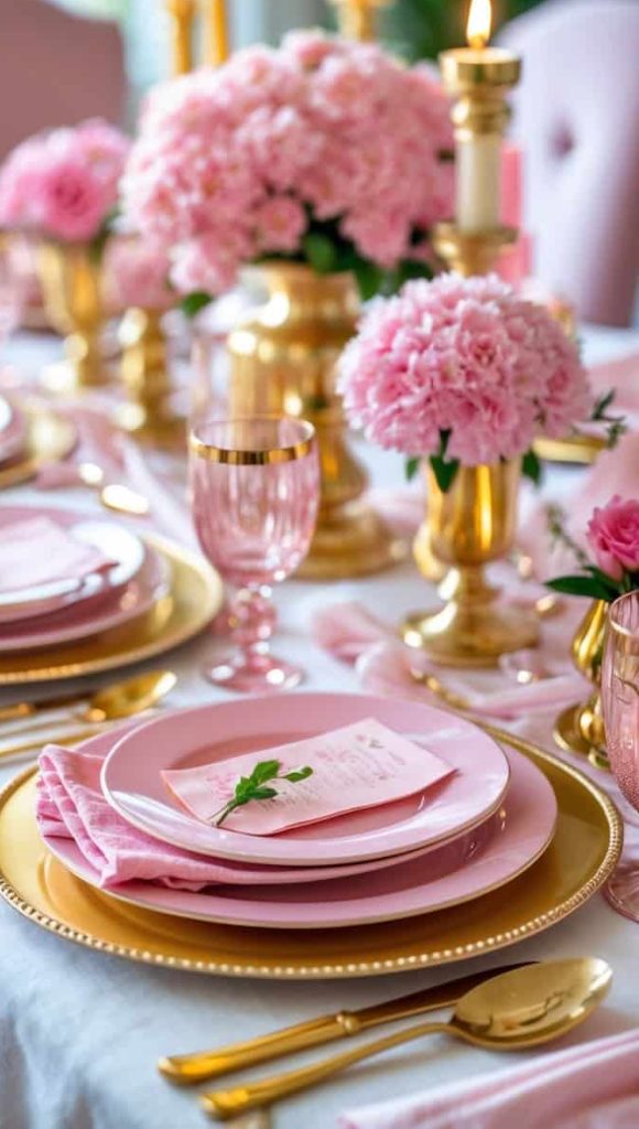 A formal dining table set with pink plates, gold cutlery, pink glasses, gold candle holders, and pink floral centerpieces.
