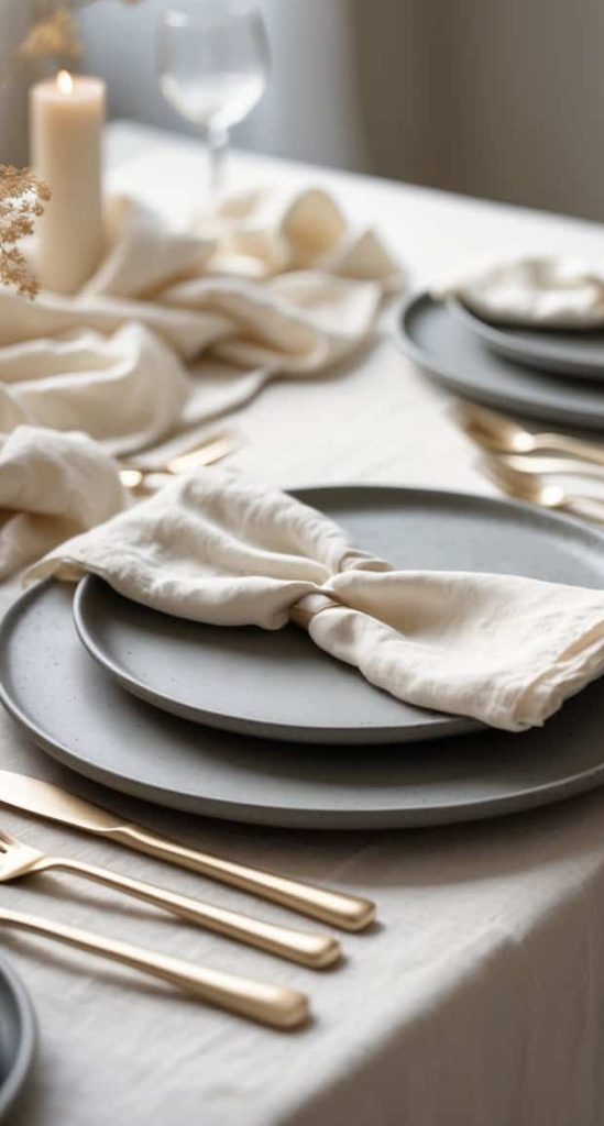 A neatly set dining table with gray plates, folded cream napkins, gold cutlery, a lit candle, and a white tablecloth.
