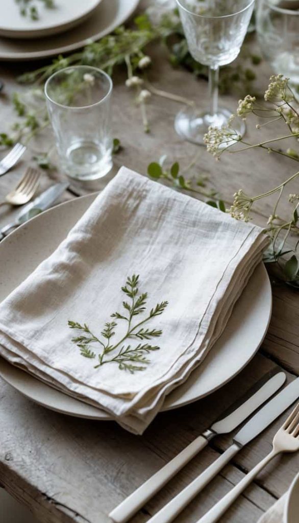 A rustic table setting with white plates, linen napkins embroidered with green leaves, clear glassware, and silverware on a wooden table decorated with small flowers and greenery.