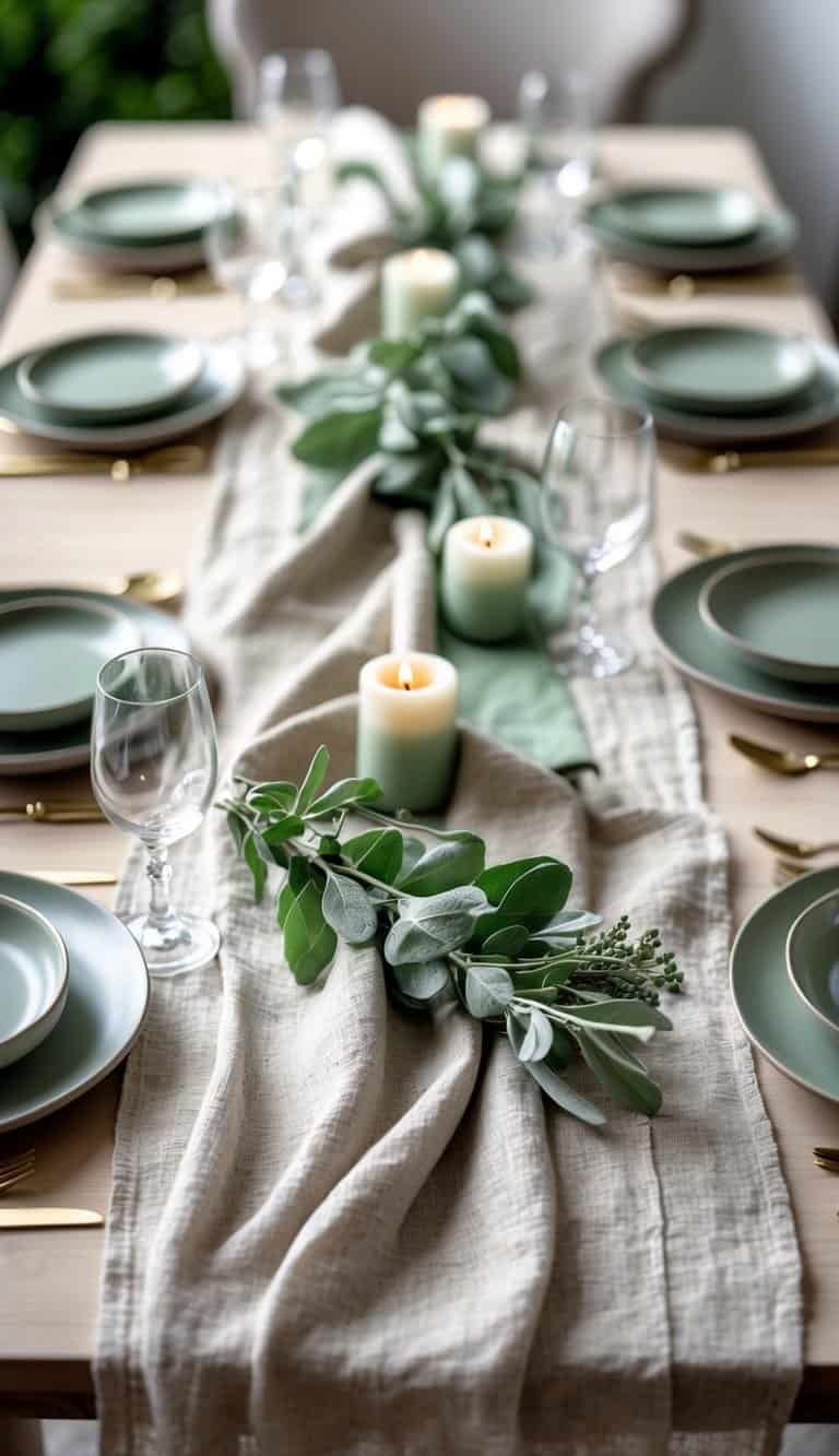 A dining table set with neutral linen runners and sage green accents, including plates, napkins, and greenery as decoration.