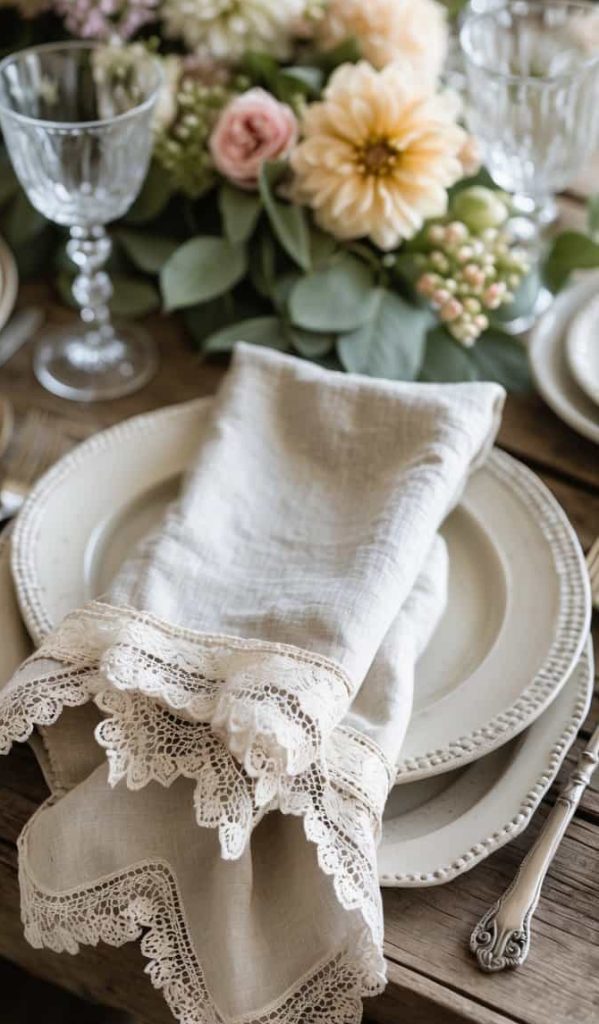 Elegant table setting with a lace-trimmed napkin on a plate, surrounded by glassware, cutlery, and a floral centerpiece on a rustic wooden table.