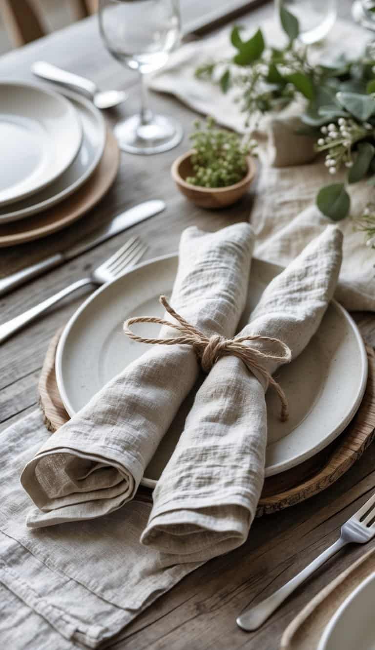 A wooden table set with folded linen napkins tied with twine, surrounded by plates and cutlery.