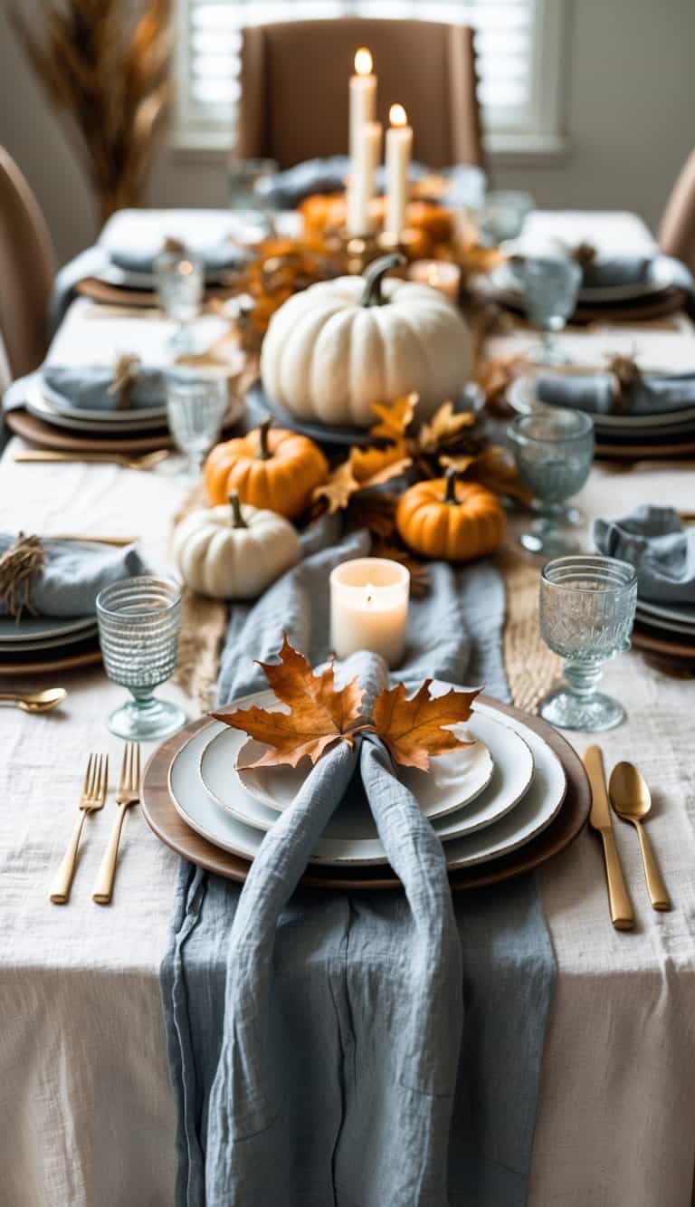 A fall table setting with layered cream and dusty blue linen tablecloths and napkins, decorated with autumn leaves, small pumpkins, and candles.