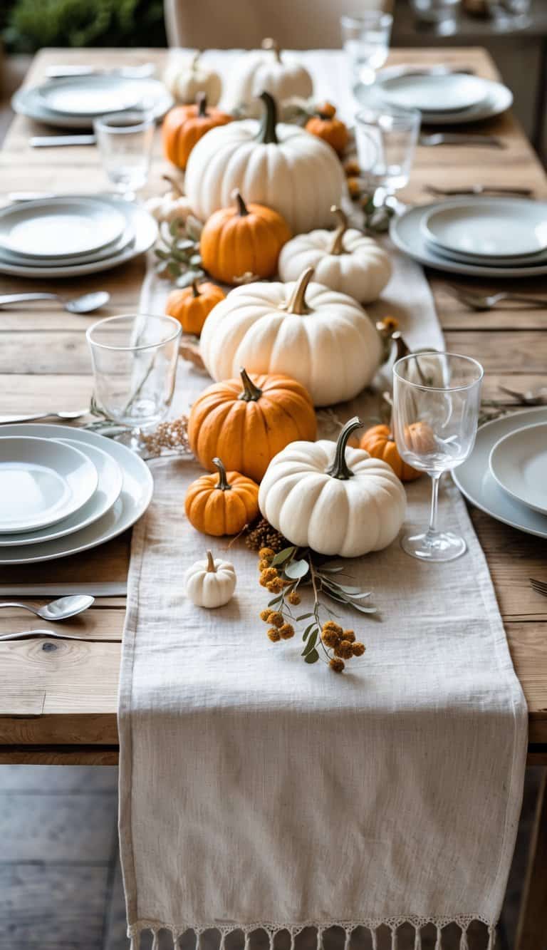A dining table with neutral linen runners decorated with small pumpkins and simple tableware in a warm autumn setting.