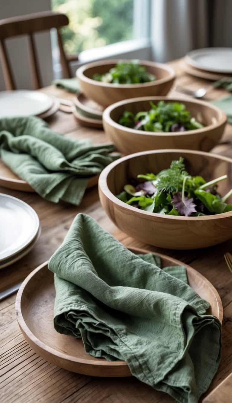 A dining table set with green linen napkins and wooden salad bowls arranged neatly.