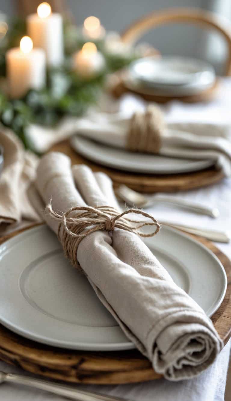 Rolled linen napkins tied with jute twine placed on a set dining table with plates and natural decorations.