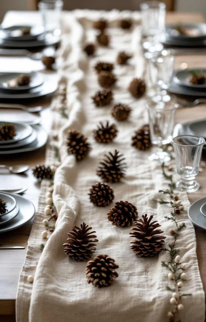 A dining table set with black plates and clear glasses, decorated with a beige table runner adorned with pine cones and small white berries.