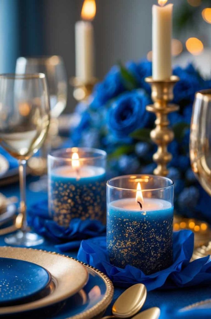 A formal table setting with gold cutlery, blue plates, blue and gold candles, white taper candles, and a bouquet of blue roses in the background.
