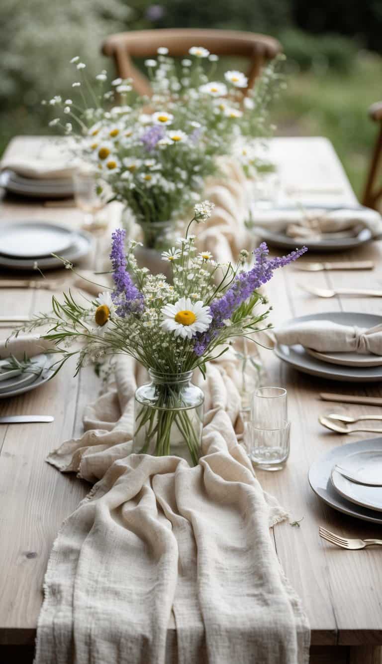 A wooden table set with natural linen runners and wildflower bouquets in glass vases.