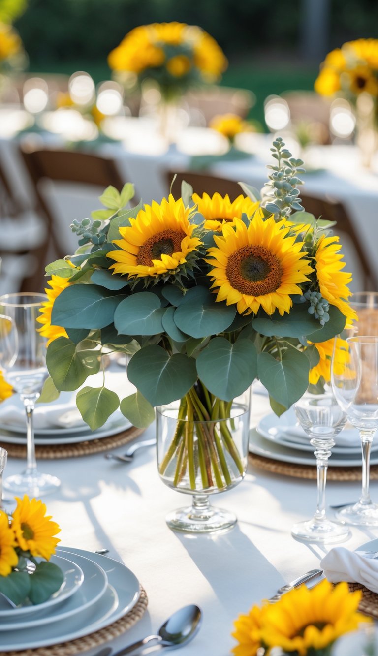 A summer wedding table with a centerpiece of sunflowers and eucalyptus leaves in a glass vase surrounded by table settings.