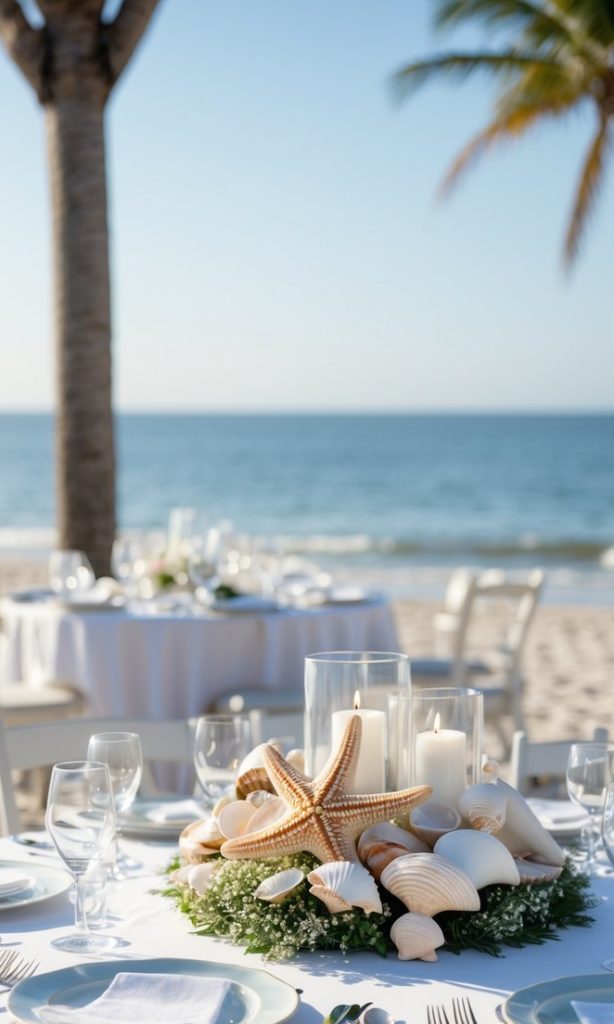 A round table set with white linens and glassware features a centerpiece of seashells, starfish, greenery, and candles on a beach with palm trees and the ocean in the background.