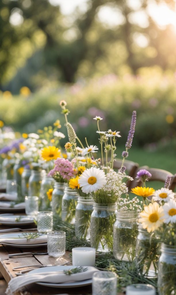 A long wooden table set outdoors, decorated with jars of assorted wildflowers, glassware, plates, and candles, surrounded by greenery and bathed in soft sunlight.