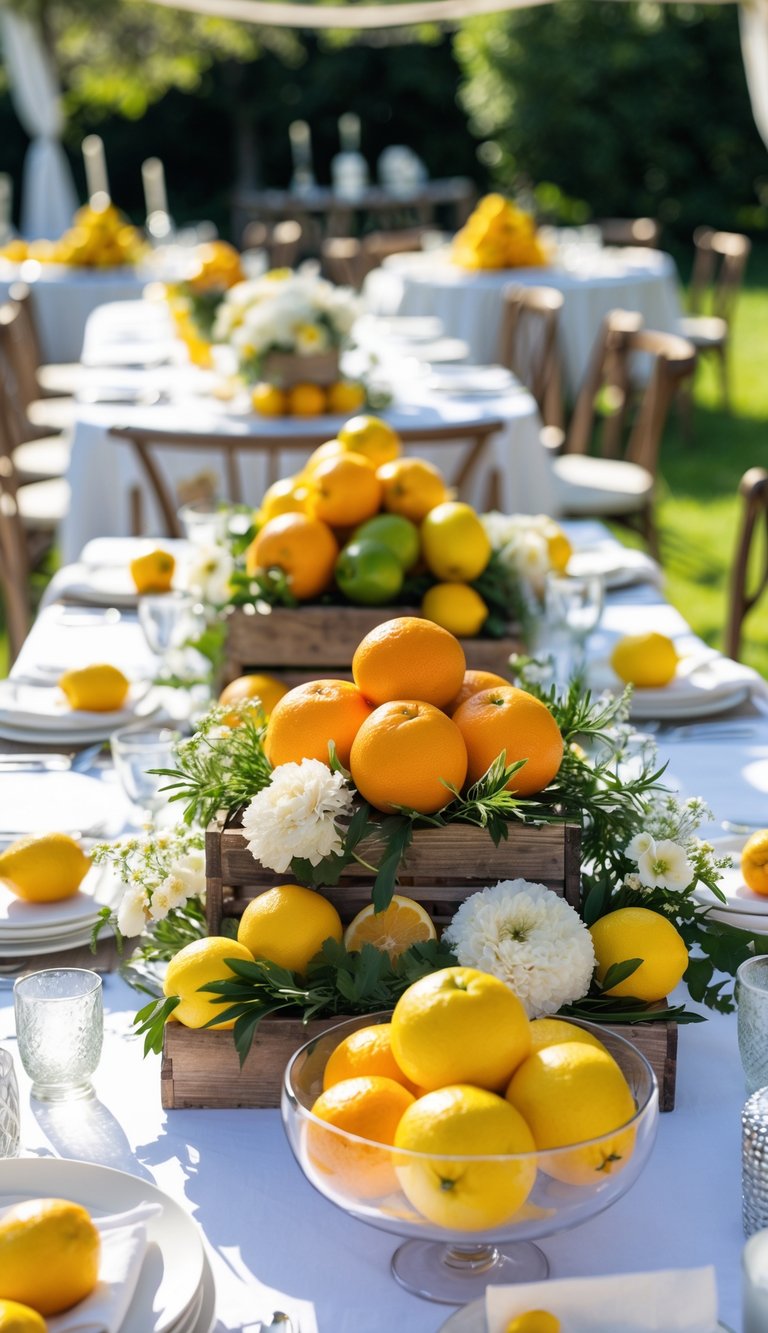 Outdoor wedding tables decorated with bright citrus fruit centerpieces, white linens, flowers, and tableware in a garden setting.