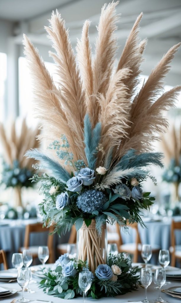 A formal table centerpiece featuring tall pampas grass, blue roses, and greenery, set on a round table with glassware and plates in an elegant event space.