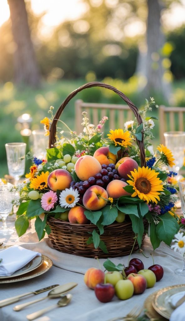 A wicker basket filled with peaches, grapes, and various flowers sits on an outdoor dining table set for a meal.