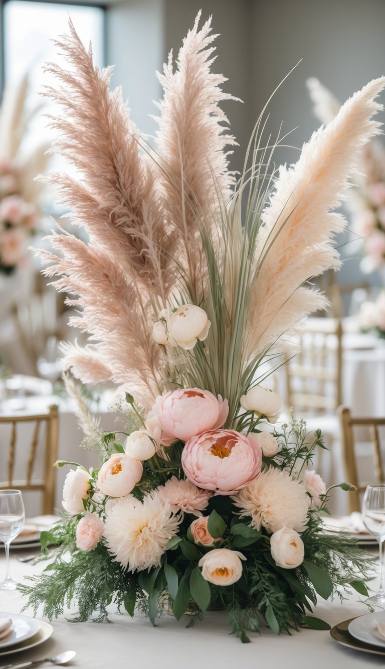 Tables decorated with centerpieces of pampas grass, blush peonies, and ivory ranunculus flowers.
