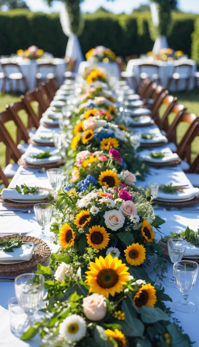 Outdoor wedding tables decorated with summer flowers and green plants under natural sunlight.