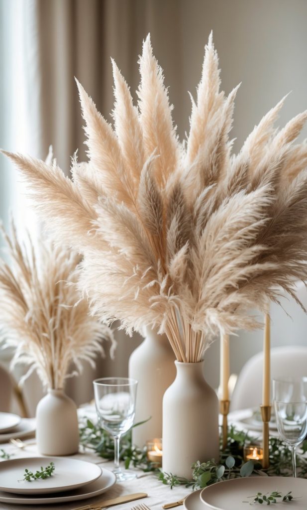 A dining table set with neutral-toned plates, wine glasses, and vases filled with beige pampas grass, accented by green foliage and candles.