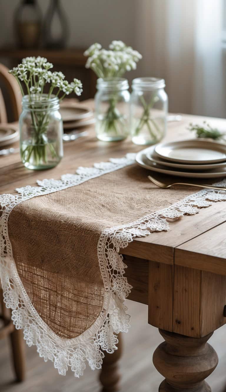 A burlap table runner with white lace trim laid on a wooden dining table with flowers and table settings.