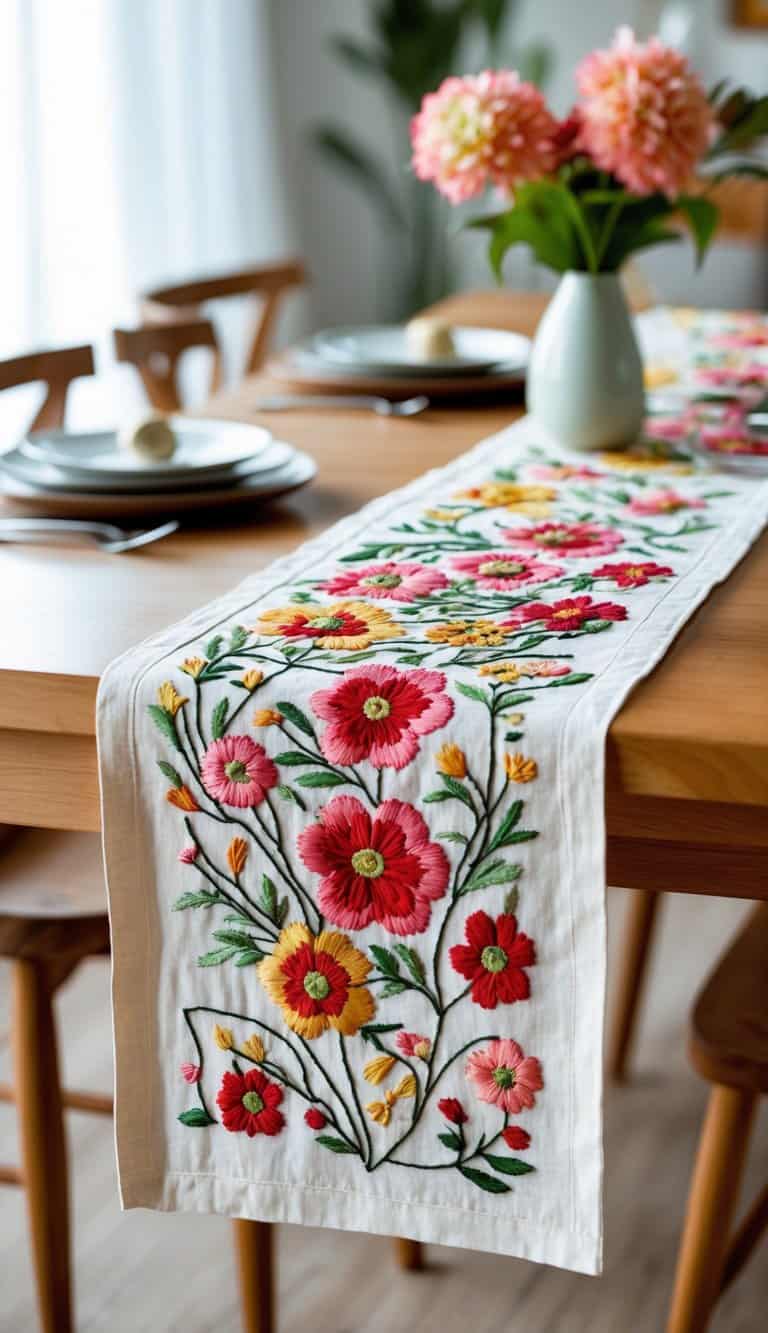 A cotton table runner with colorful floral embroidery laid on a wooden dining table with soft natural lighting.